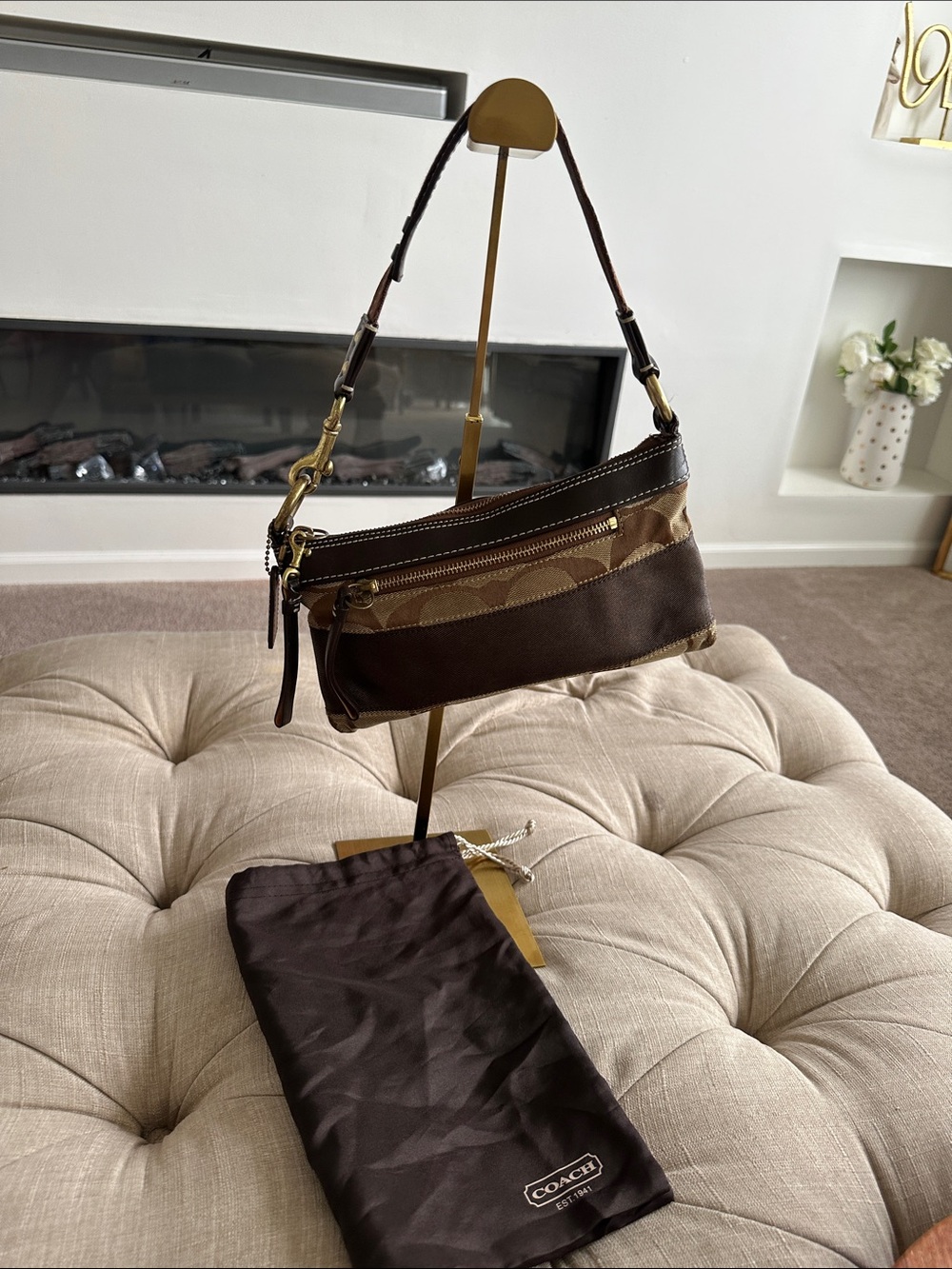 Coach Brown Signature Canvas and Leather Wrist/Shoulder Bag with Gold Hardware